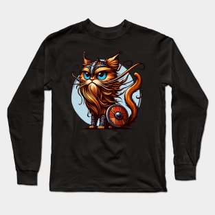 Funny Viking Warrior Cat Norse Mythology Cartoon Portrait Long Sleeve T-Shirt